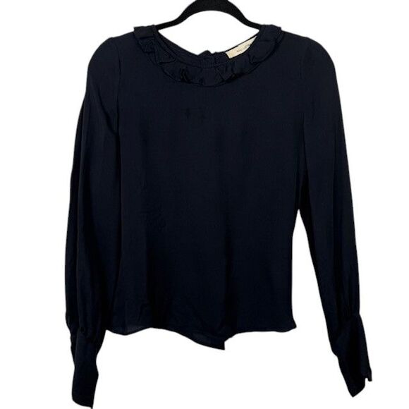 Nili Lotan 100% Silk Navy Blue Blouse Ruffle Neck Button Up Back Size Medium - Picture 1 of 12